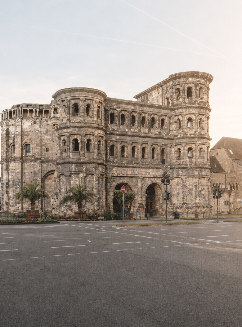 Die Porta Nigra in Trier im Morgenlicht.